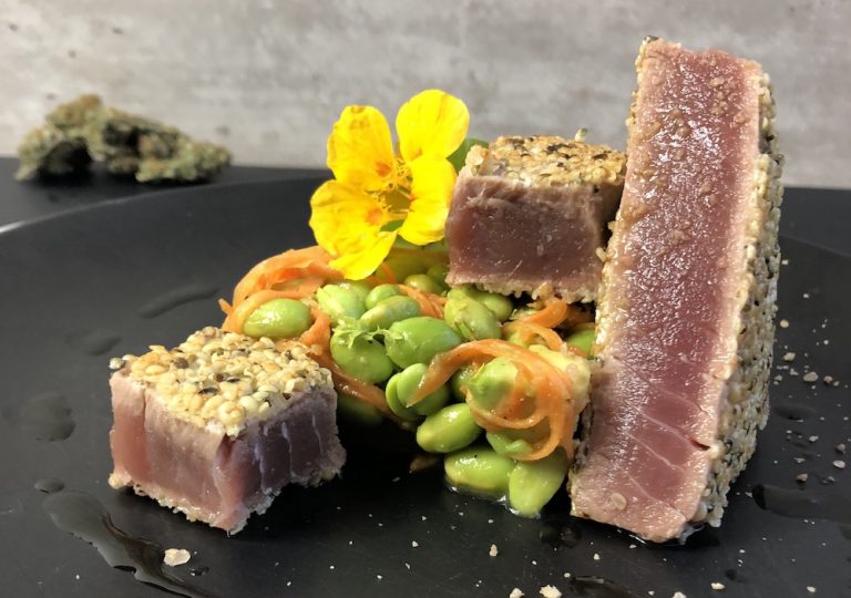 Yellowfin ThunfischSteak in Hanfsamenkruste auf AvocadoEdamame Salat